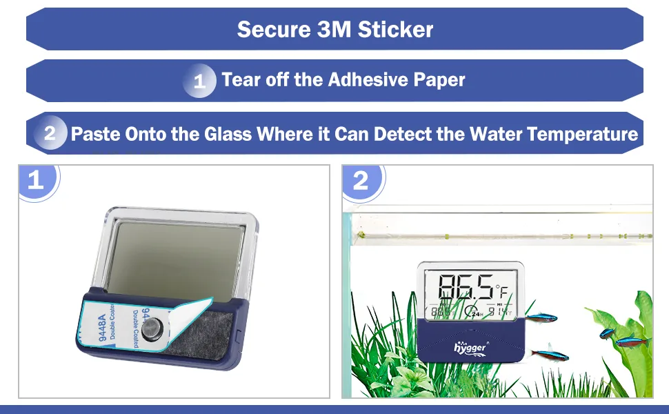 Step-by-step guide to installing a hygger aquarium thermometer with 3M sticker: remove adhesive paper, paste onto glass for w