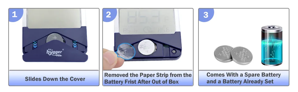 Step-by-step guide: Slide cover, remove paper strip, replace battery for Hygger aquarium thermometer