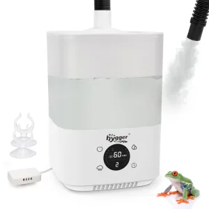 Hygger humidifier with digital display showing 60% RH, water tank, and mist output
