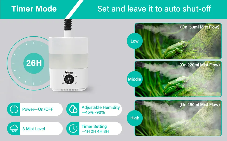 Hygger aquarium humidifier with timer mode, 3 mist levels, adjustable humidity 45%-90%, and 26H timer setting for automatic s