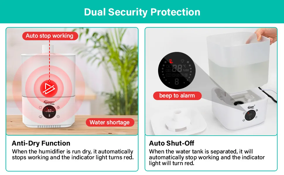 Hygger humidifier with dual security protection: anti-dry function and auto shut-off for water shortage, featuring red indica