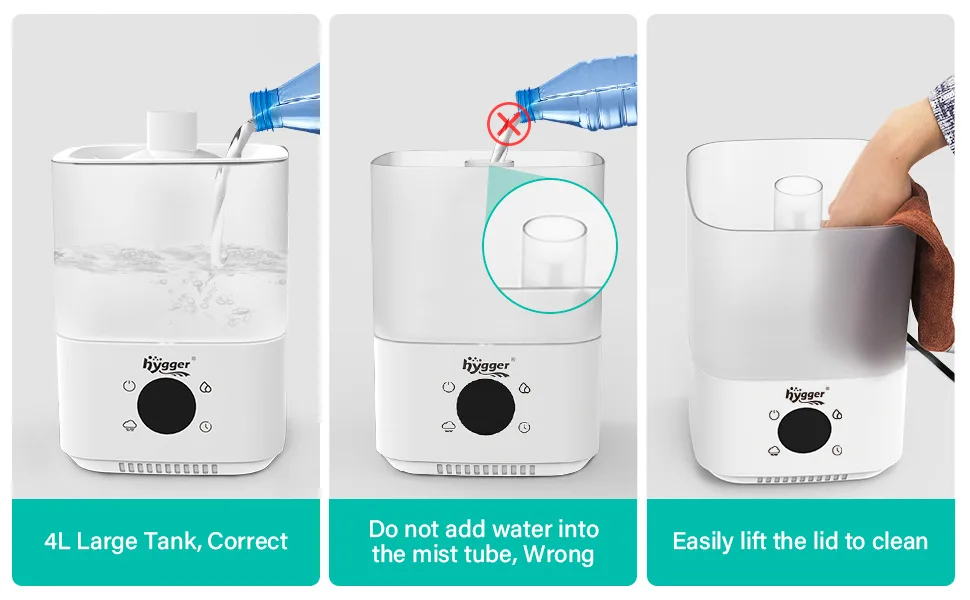 Hygger aquarium humidifier instructions: fill 4L tank correctly, avoid mist tube, clean lid easily