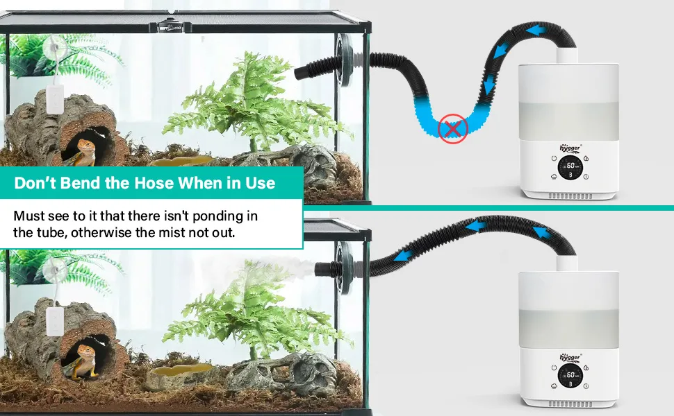 Hygger aquarium misting system setup with hose connection guide showing correct and incorrect hose bending for proper misting