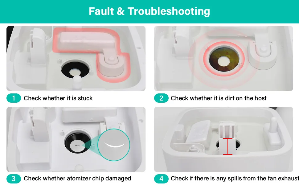Fault & Troubleshooting guide for Hygger aquarium: check stuck parts, host dirt, atomizer chip damage, and fan exhaust spills