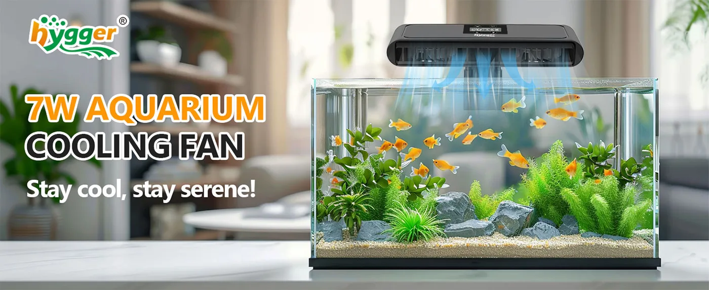 Hygger 7W Aquarium Cooling Fan for fish tank, with blue airflow and goldfish in a planted tank