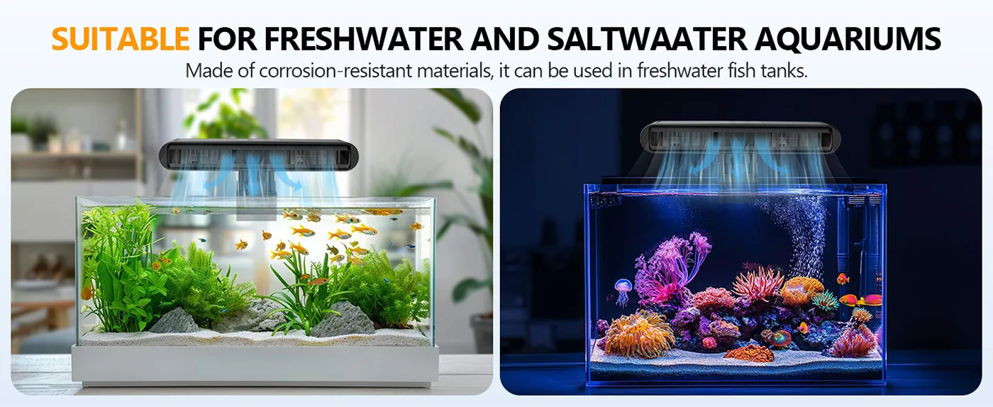 Hygger aquarium air pump for freshwater and saltwater tanks with adjustable flow, shown in both setups.