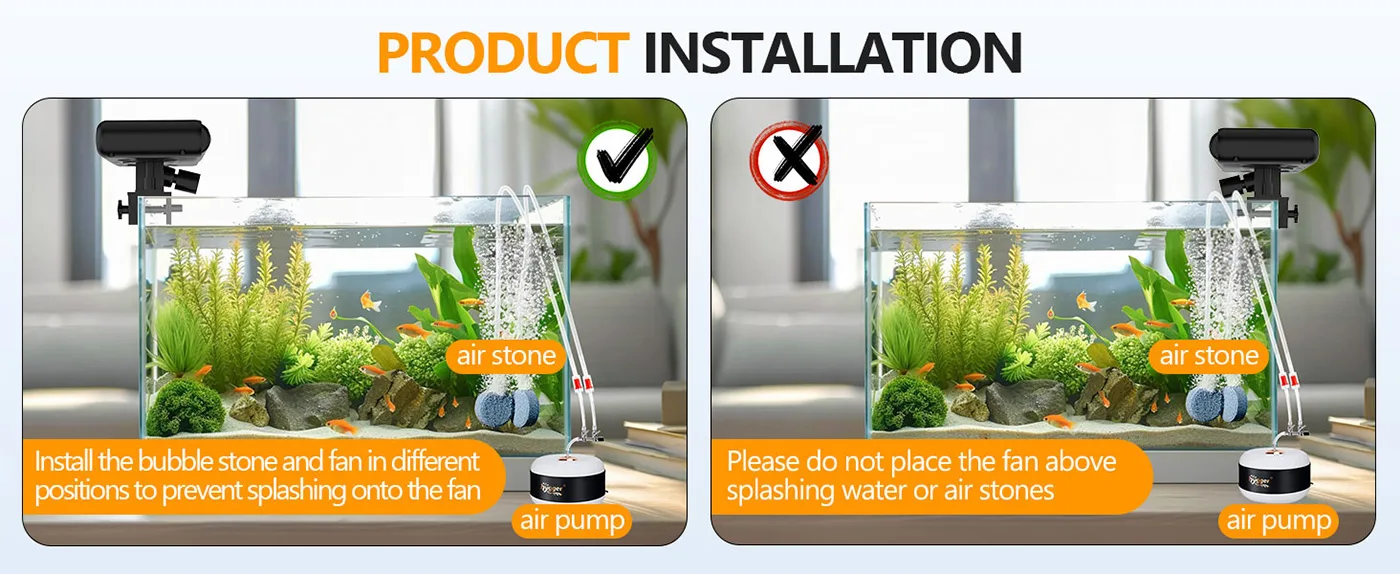 Hygger aquarium setup guide: correct vs incorrect air stone and fan placement for water splashing prevention