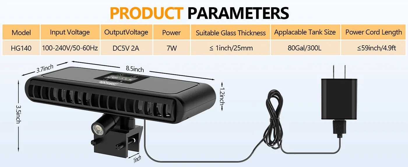 Hygger HG140 aquarium heater with dimensions 8.5x3.7x3.5 inch, DC5V 2A output, 7W power, suitable for 80Gal tanks and ≤1inch