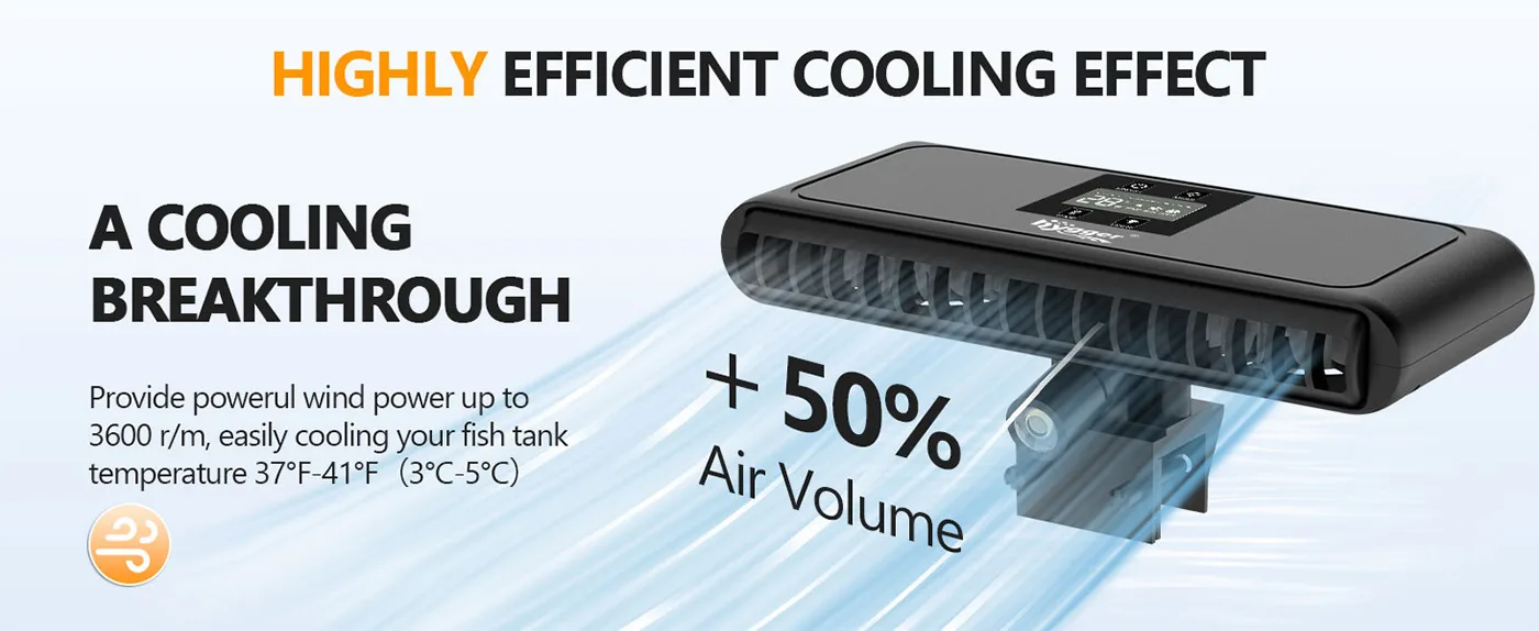 Hygger aquarium cooler with +50% air volume, 3600 r/m wind power for fish tank cooling to 37°F-41°F