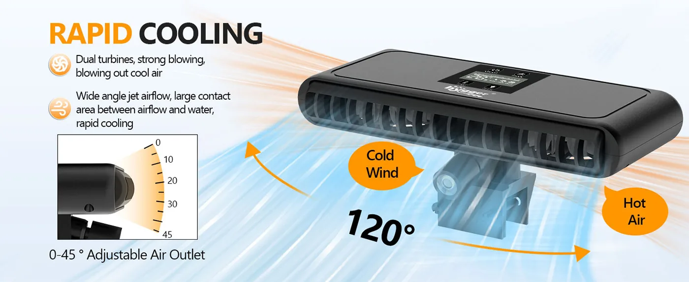 Hygger aquarium cooler with dual turbines, 120° adjustable airflow, and rapid cooling for efficient water temperature control