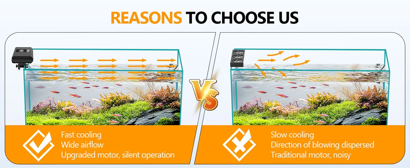 Hygger aquarium comparison: fast cooling, wide airflow, silent upgraded motor vs slow cooling, dispersed airflow, noisy tradi