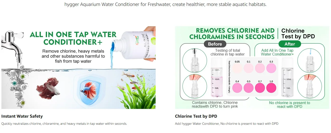 hygger Aquarium Water Conditioner for Freshwater: Removes chlorine, heavy metals, and chloramines instantly for healthy fish