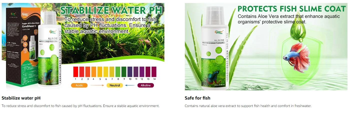 Hygger All-in-One Water Conditioner for fish, stabilizes pH and protects slime coat with aloe vera extract.