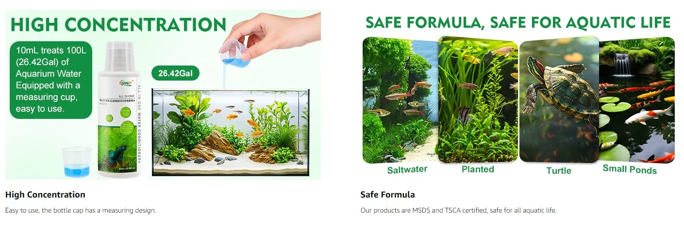 Hygger aquarium water conditioner bottle with measuring cup, treating 100L of aquarium water. Safe formula for saltwater, pla