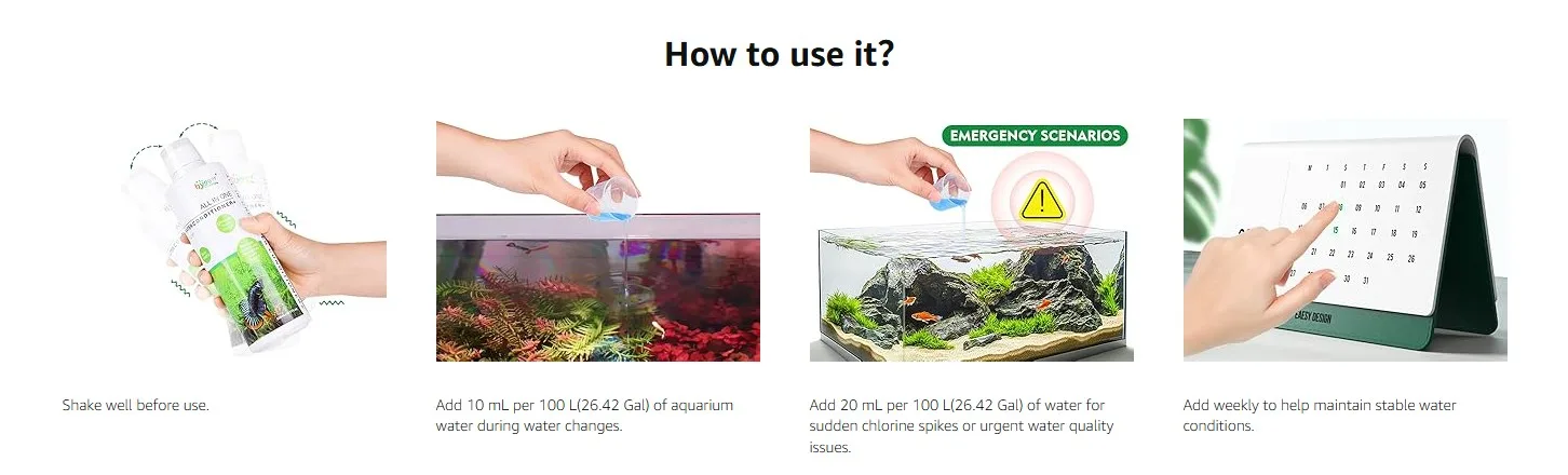 How to use Hygger aquarium water conditioner: shake, add 10mL for water changes, 20mL for emergencies, and weekly for stabili