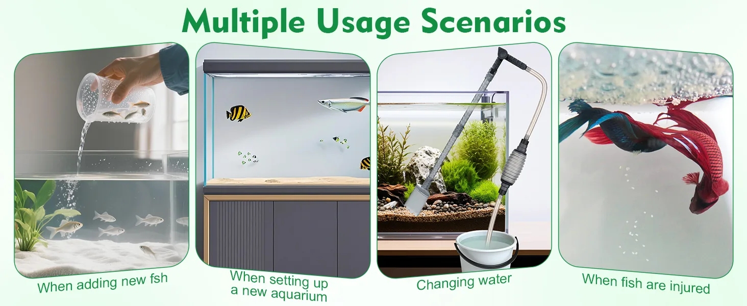 Hygger aquarium product usage scenarios: adding new fish, setting up new aquarium, changing water, and treating injured fish.