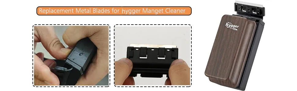 Replacement metal blades for Hygger Magnet Cleaner, showing installation and product details