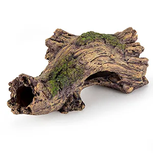 Natural driftwood piece with moss for aquarium decoration, organic texture and hollow cavity