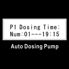 Auto Dosing Pump display showing P1 Dosing Time: Num: 01--19:15 for aquarium maintenance