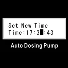 Auto Dosing Pump interface showing 'Set New Time' with time set to 17:3:43