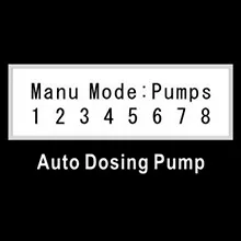 Control panel for aquarium pumps showing manual mode with pump numbers 1-8 and auto dosing pump label