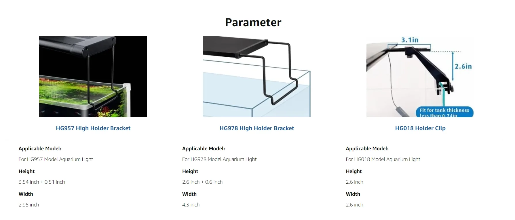 Hygger aquarium light holders: HG957, HG978, HG018 brackets with dimensions and tank compatibility details