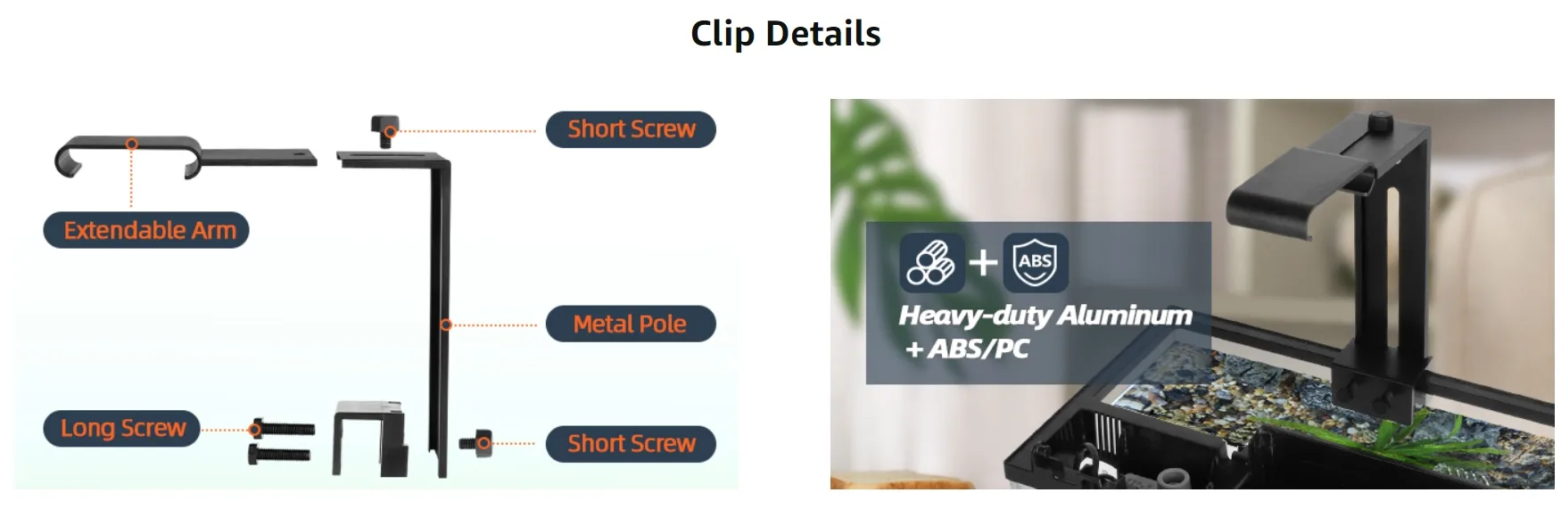 Hygger aquarium clip details: extendable arm, metal pole, short and long screws, heavy-duty aluminum + ABS/PC materials