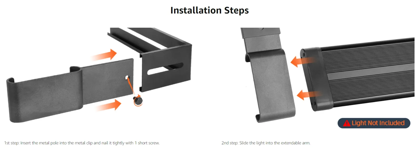Hygger aquarium light fixture installation guide showing metal pole insertion and light sliding into extendable arm with 'Lig
