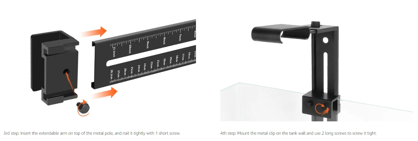 Step-by-step guide for installing Hygger aquarium accessories: extendable arm and metal clip with measurement markings and sc