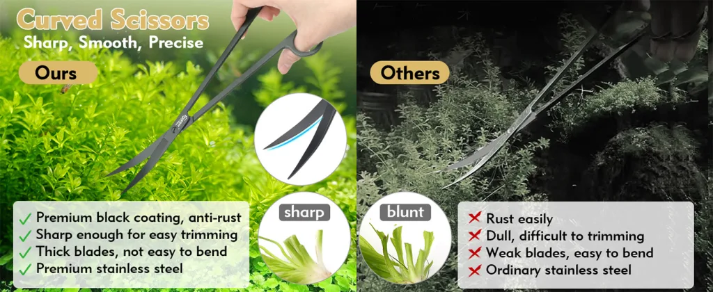 Compare hygger curved scissors: sharp, smooth, precise blades vs. dull, rust-prone competitors for aquarium trimming