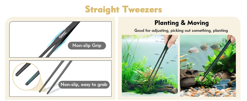 Hygger straight tweezers with non-slip grip for aquarium planting and moving plants, fish, and decorations.