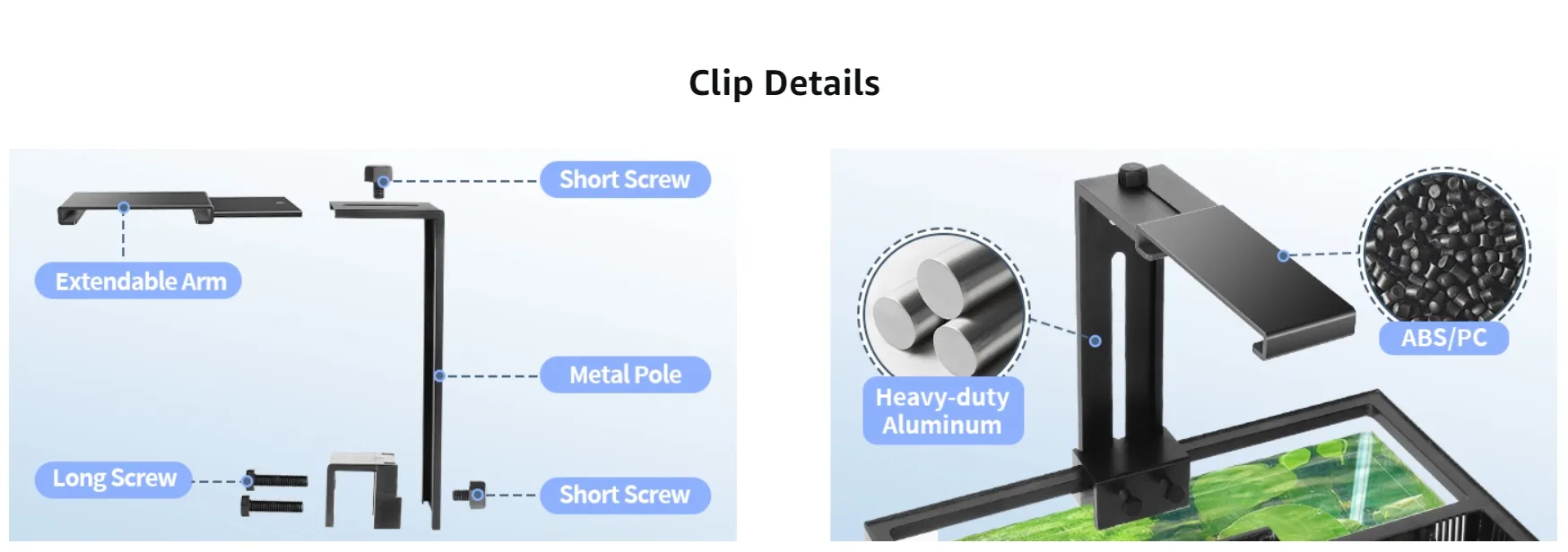 Hygger aquarium clip details showing extendable arm, metal pole, screws, heavy-duty aluminum, and ABS/PC materials for secure