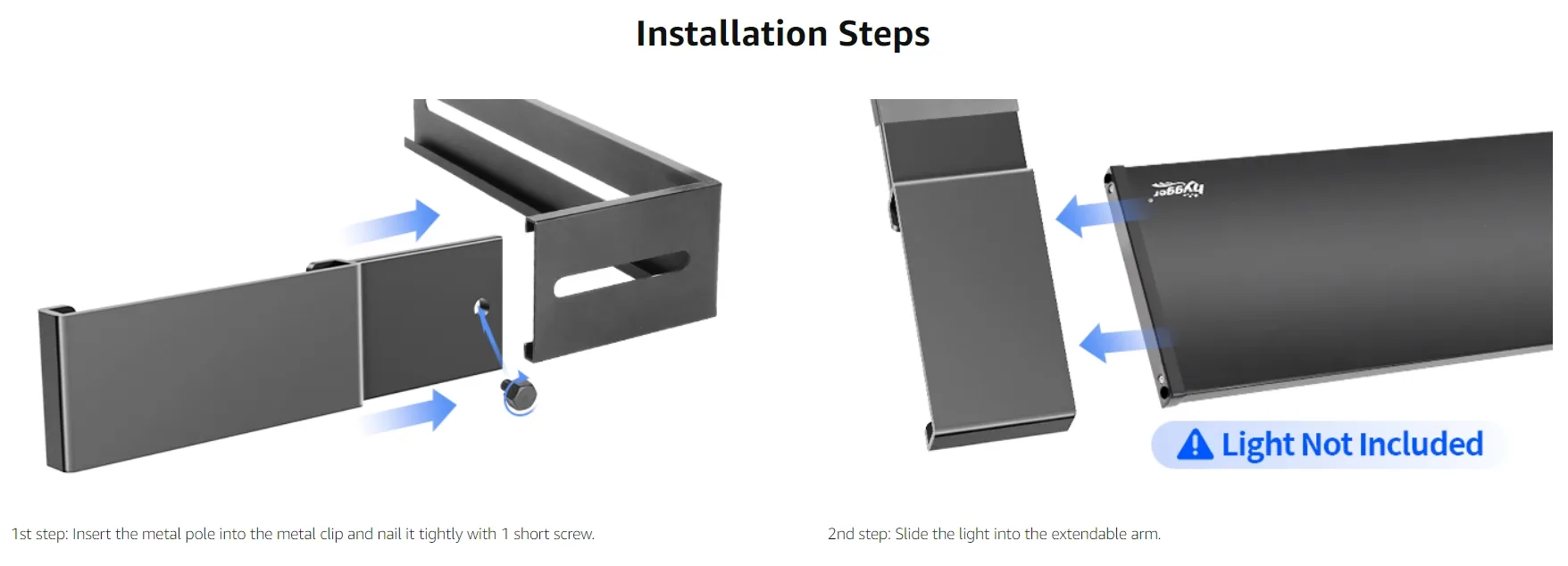 Hygger aquarium light fixture installation guide showing metal pole insertion and light sliding into extendable arm with 'Lig