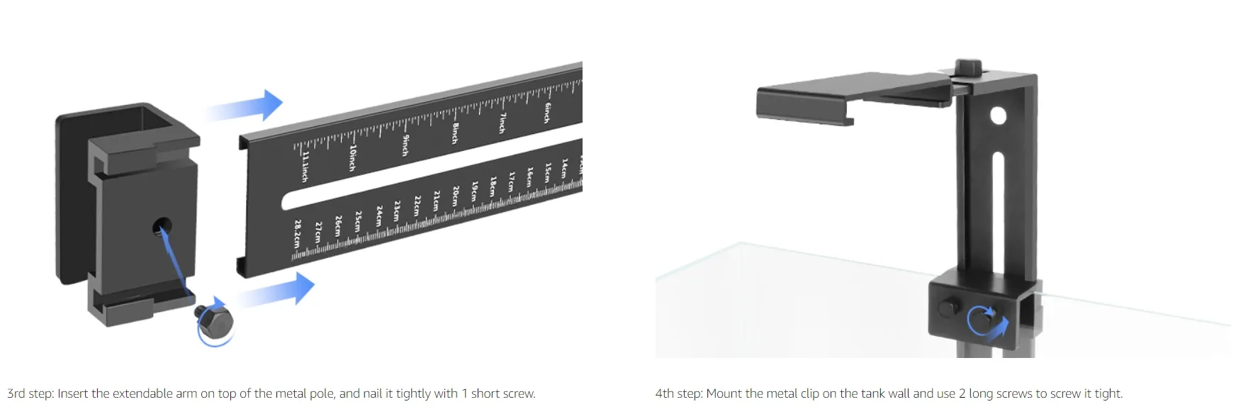 Step-by-step guide for installing Hygger aquarium equipment: extendable arm and metal clip mounting instructions