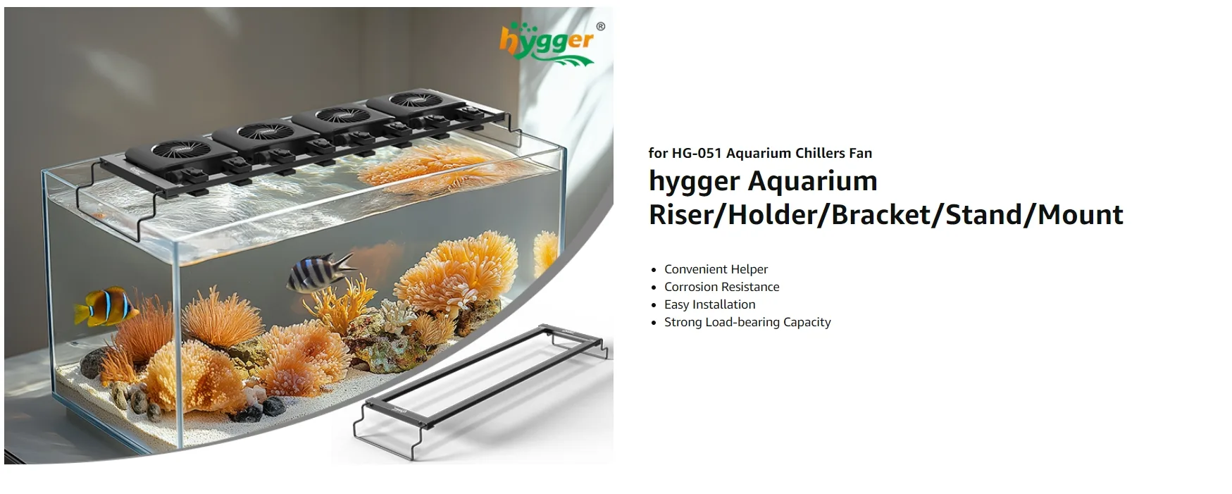 hygger aquarium riser holder for HG-051 chiller fans with coral and fish tank setup