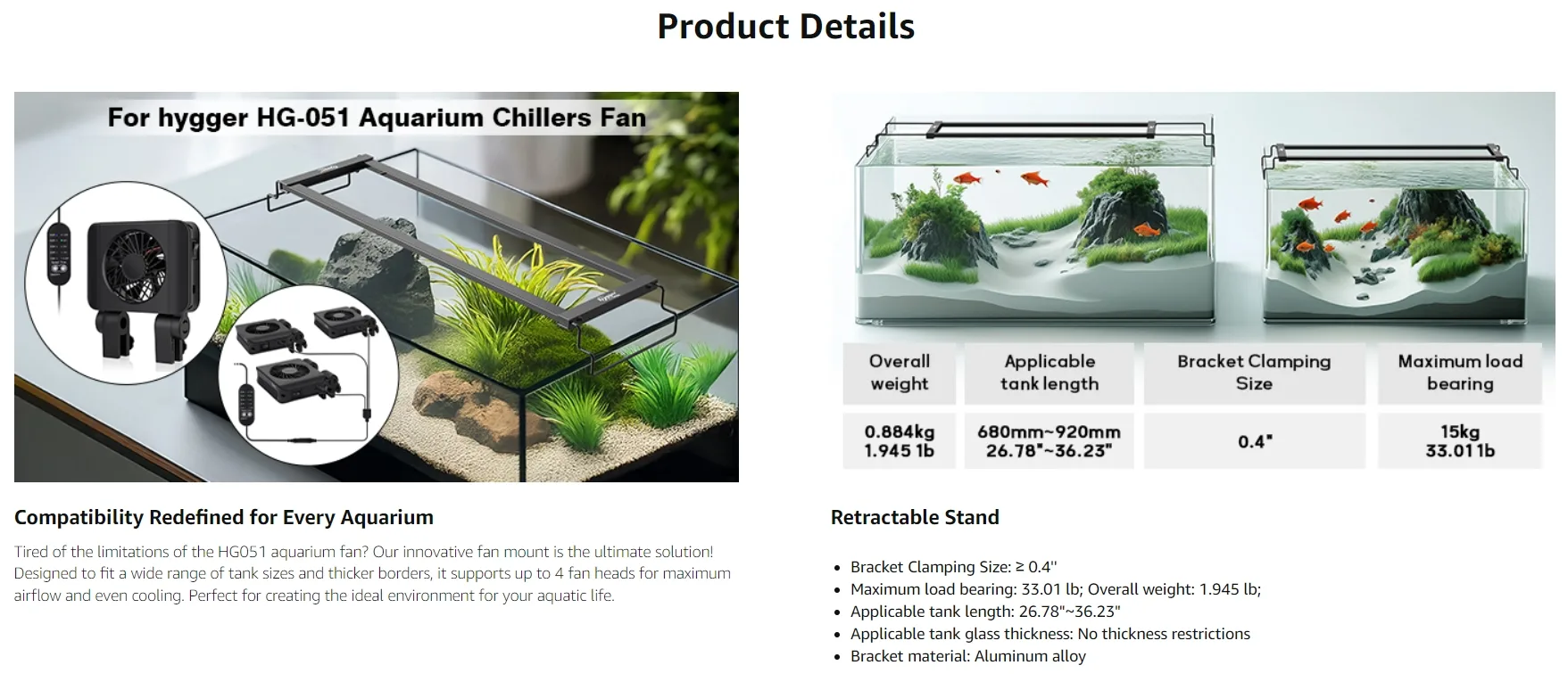 Hygger HG-051 Aquarium Chiller Fan Mount with retractable stand, compatible with 680mm-920mm tanks, supports 4 fan heads for