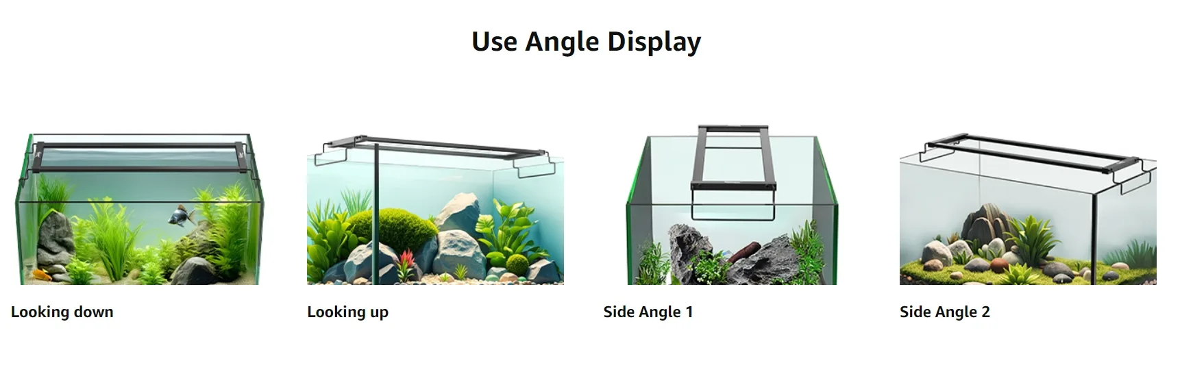 Hygger aquarium display angles: top, bottom, and side views showcasing fish, plants, and rocks in a clean tank setup.