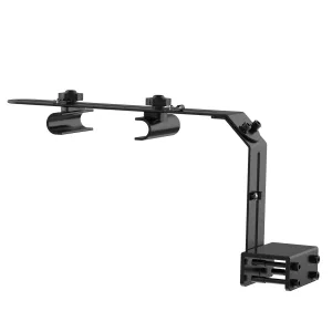 Black adjustable aquarium mounting bracket with dual clamp arms and vertical support for secure tank attachment