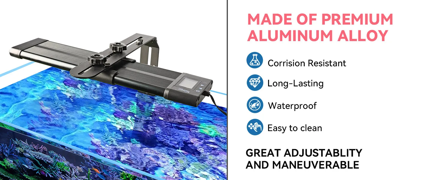 Hygger aquarium LED light fixture with adjustable arms, premium aluminum alloy construction, corrosion resistant, waterproof,