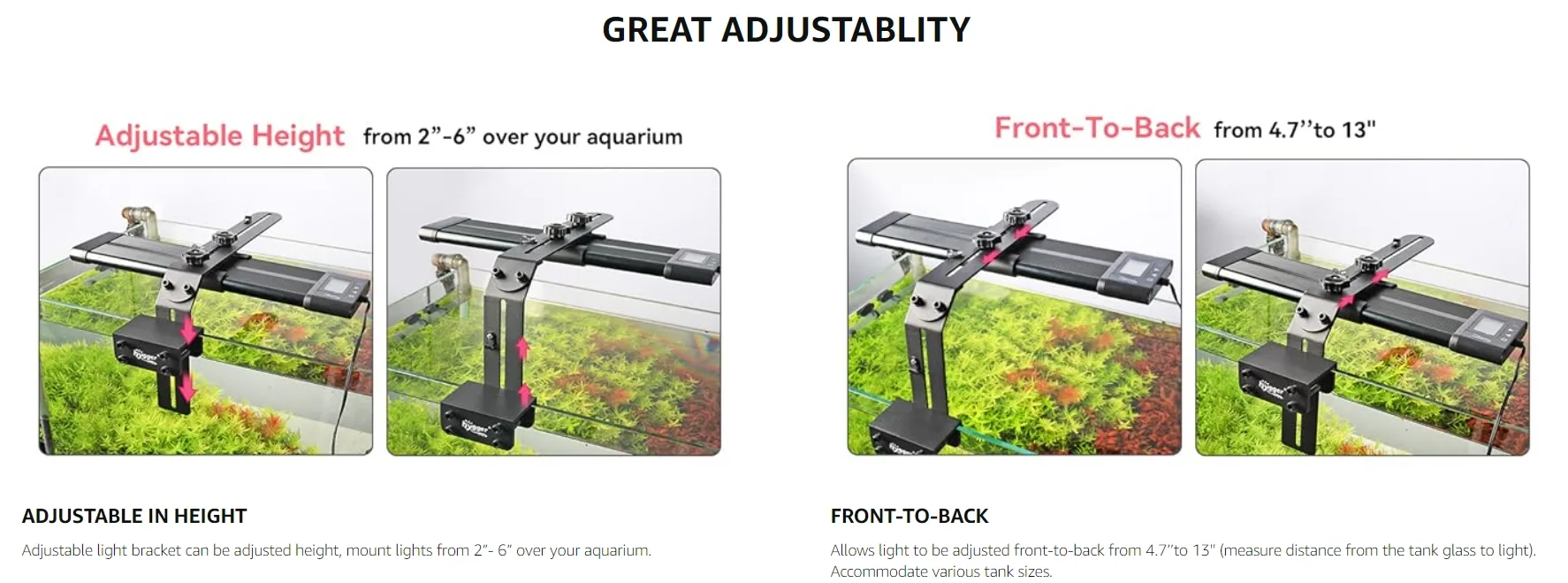 Hygger adjustable aquarium light bracket with height and front-to-back adjustment for 2"-6" and 4.7"-13" range