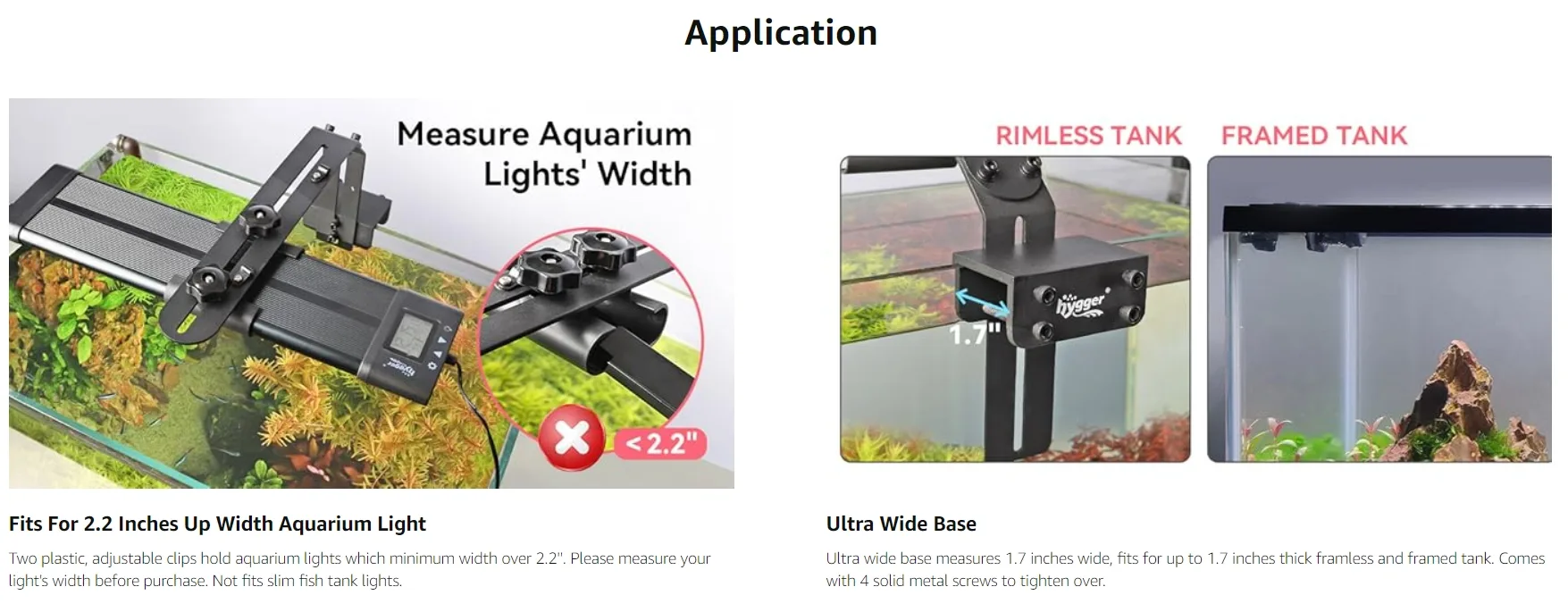 Hygger aquarium light holder with adjustable clips for 2.2 inch wide lights, fits rimless and framed tanks with ultra wide ba