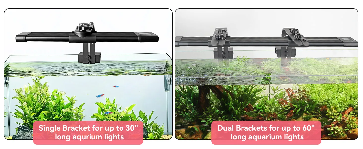 Hygger aquarium light brackets: single for 30" lights, dual for 60" lights with plants and fish