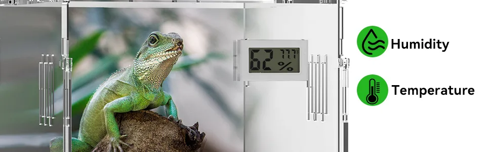 Hygger aquarium with digital hygrometer showing 62% humidity and temperature control for reptile enclosure