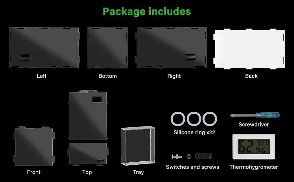 Hygger aquarium package contents: Left, Bottom, Right, Back, Front, Top, Tray, Silicone rings, Screwdriver, Switches, Thermoh