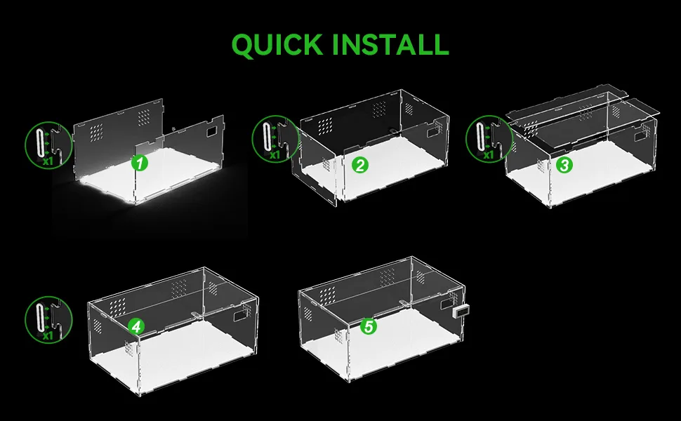 Quick install guide for Hygger aquarium with 5 steps showing assembly process of transparent tank components