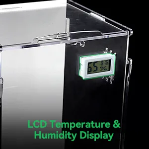 Hygger aquarium LCD temperature and humidity display showing 55°C and 88% in a clear acrylic tank