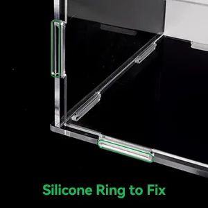 Close-up of Hygger aquarium corner with silicone ring fix highlighted in green for secure assembly
