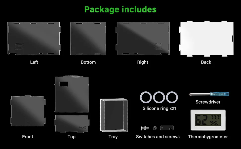 Hygger aquarium package contents: left, bottom, right, back, front, top, tray, silicone rings, screwdriver, switches, thermoh