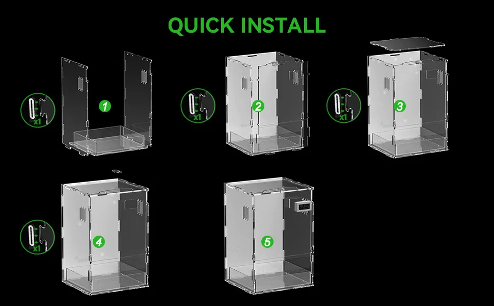 Quick install guide for Hygger aquarium with 5 steps showing assembly process of transparent acrylic tank components