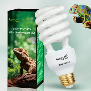 hygger-zoo 26W UVB5.0 spiral tube fluorescent light for reptiles, featuring a white spiral bulb and packaging with bearded dr